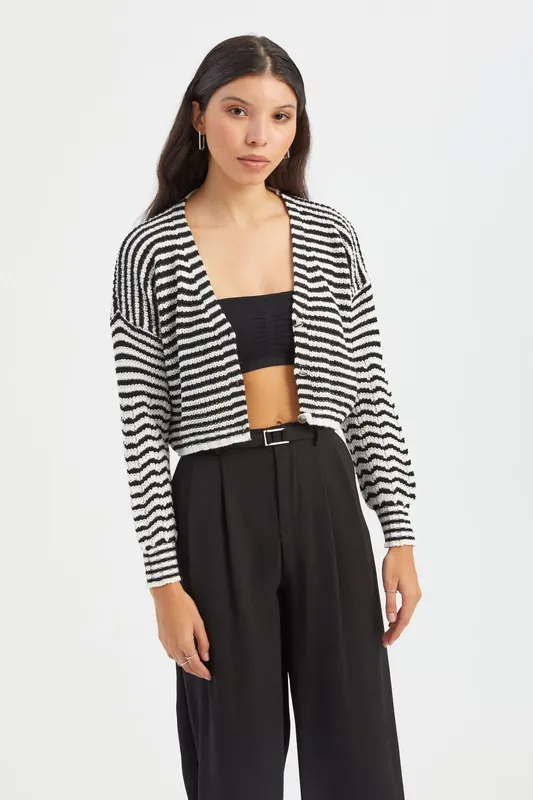 Striped Buttoned Cropped Cardigan - Hiccup