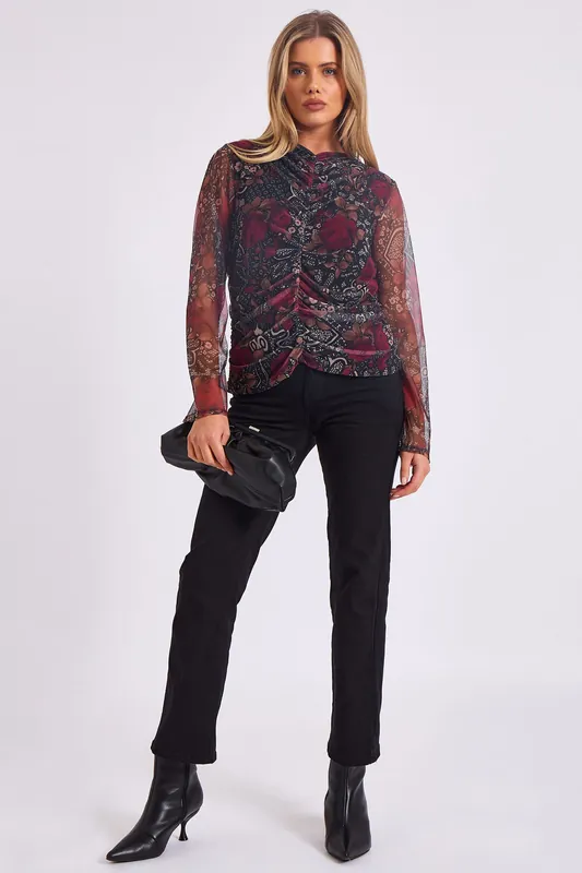 Burgundy Mesh Printed Ruched Front Top - Gini London
