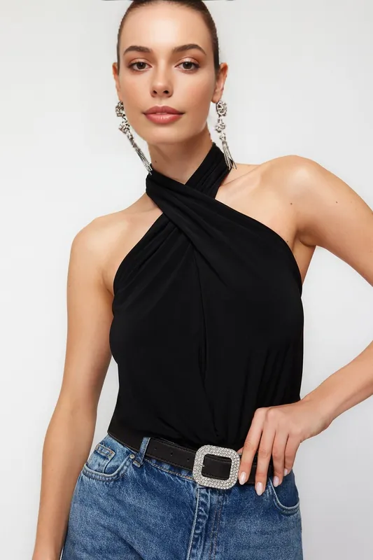 Cross Front Halter Neck Stretch Knit Bodysuit - WOVCOR