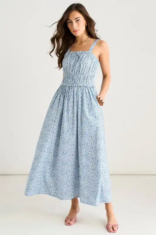 Blue Ditsy Floral Shirred Bodice Midi Dress - Gini London