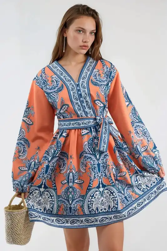 V-Neck Paisley A-Line Mini Dress with Buttons