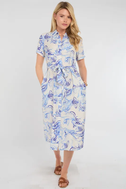 Blue Swirl Print Short Sleeve Midi Shirt Dress - Love Sunshine