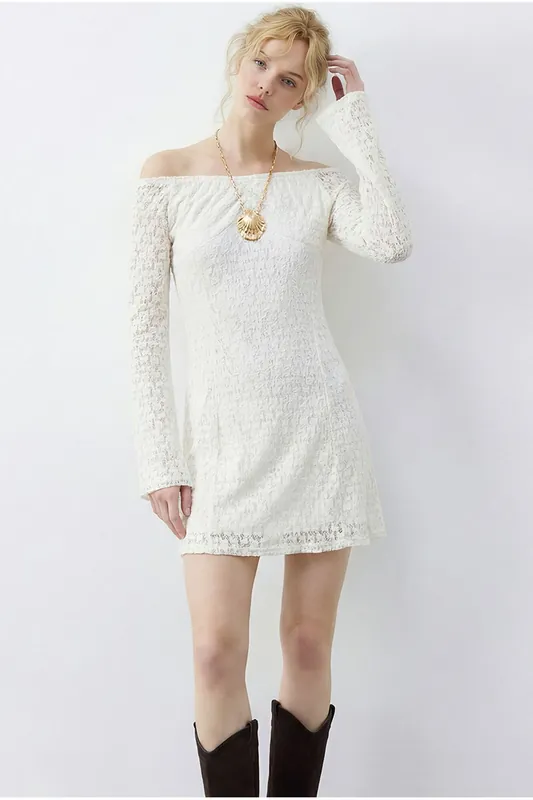 Lace Off Shoulder Mini Dress - Bianco Lucci