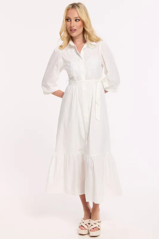 White Embroidered Tie Waist Midi Dress - Liquorish