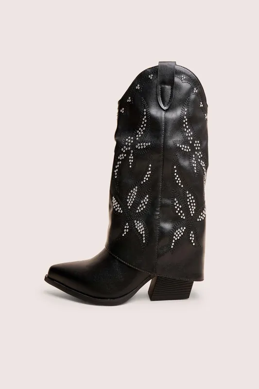 Dixie Black Fold Over Studded Western Ankle Boots - Public Desire