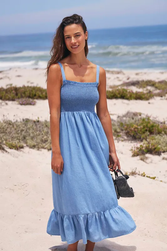 Marbella' Lightweight Breathable 100% Cotton Strappy Shirred Dress - Mountain Warehouse