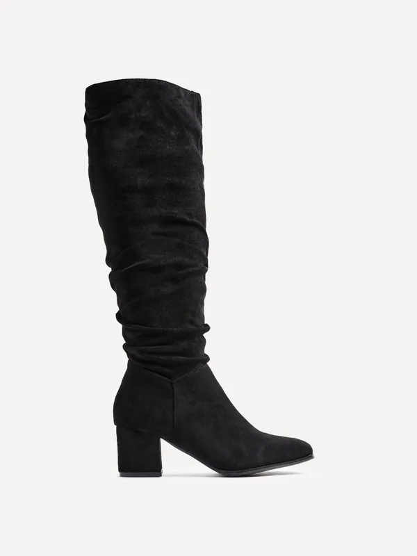 Margot Black Faux Suede Knee High Block Heeled Ruched Boot - Linzi