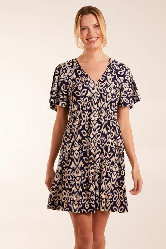 Button Through Elastic Waist Mini Dress - Blue Vanilla