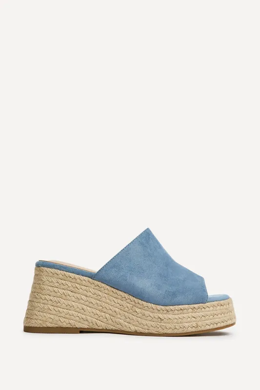 Espresso Pale Blue Faux Suede Espadrille Mule Wedges - Linzi
