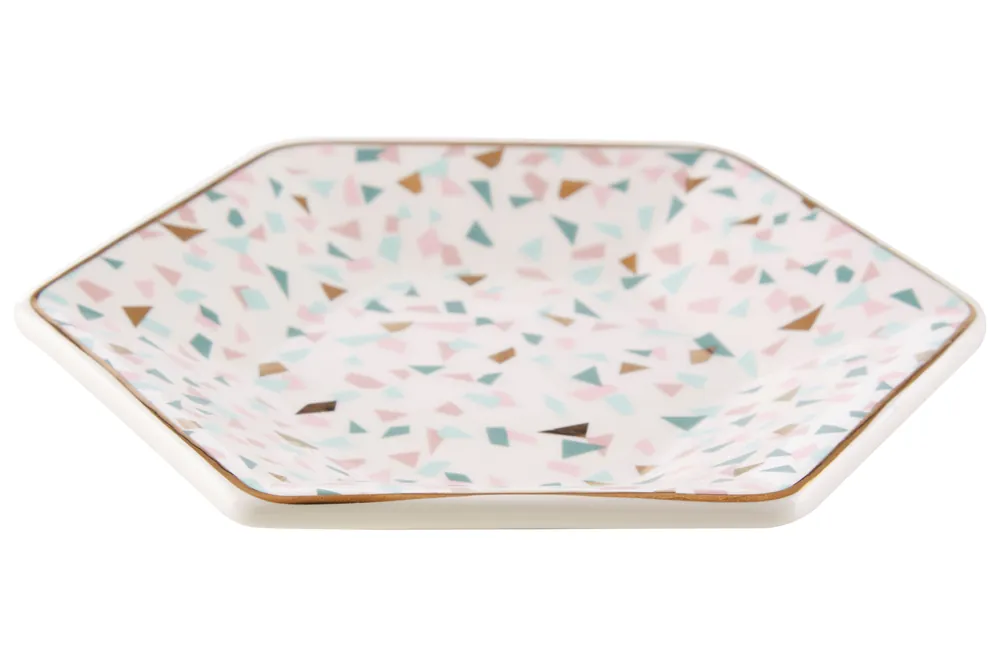 Large Terrazzo Pattern Hexagonal Ceramic Dish,Dolomite Serving Plate With Gold Rim,Ceramic Roasting Dish - Orsina