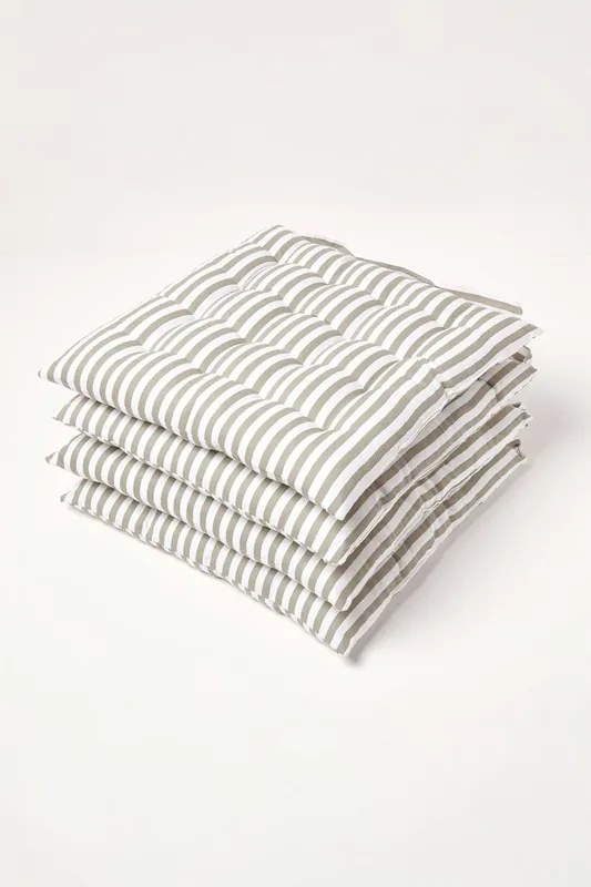 Set of 4 Grey Stripe Seat Pad with Button Straps 100% Cotton 40 x 40 cm - Homescapes