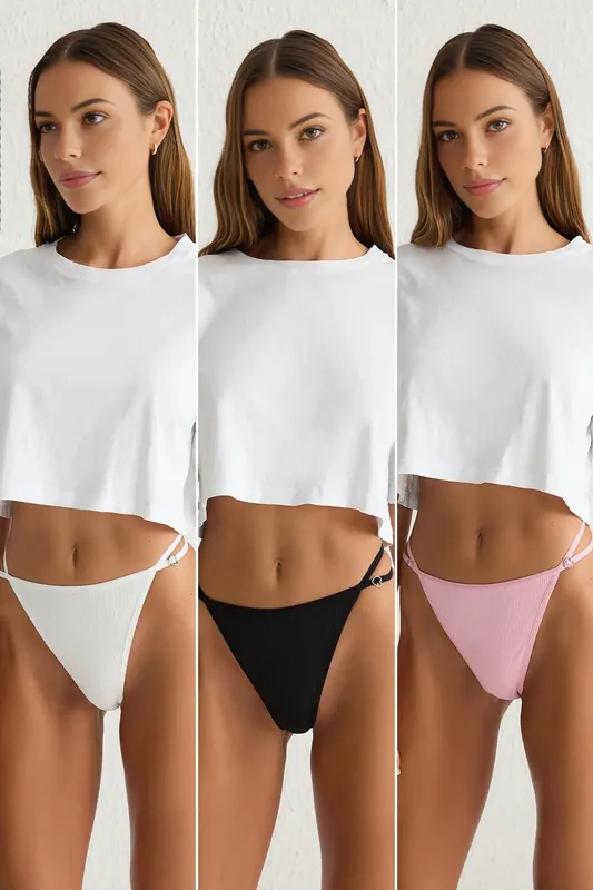 3 Pack Ribbed Knitted Thong Briefs with Side Strap Detail - WOVCOR
