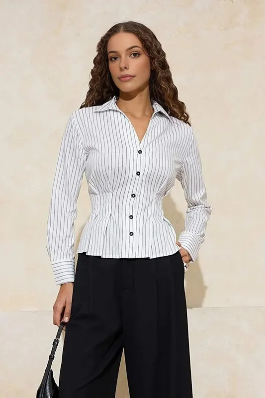 Pinstripe Collared Button Front Slim Fit Long Sleeve Shirt - WOVCOR