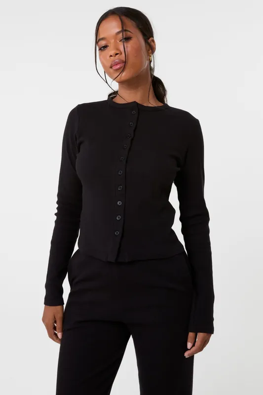 Black Ribbed Button Front Top - Pink Vanilla