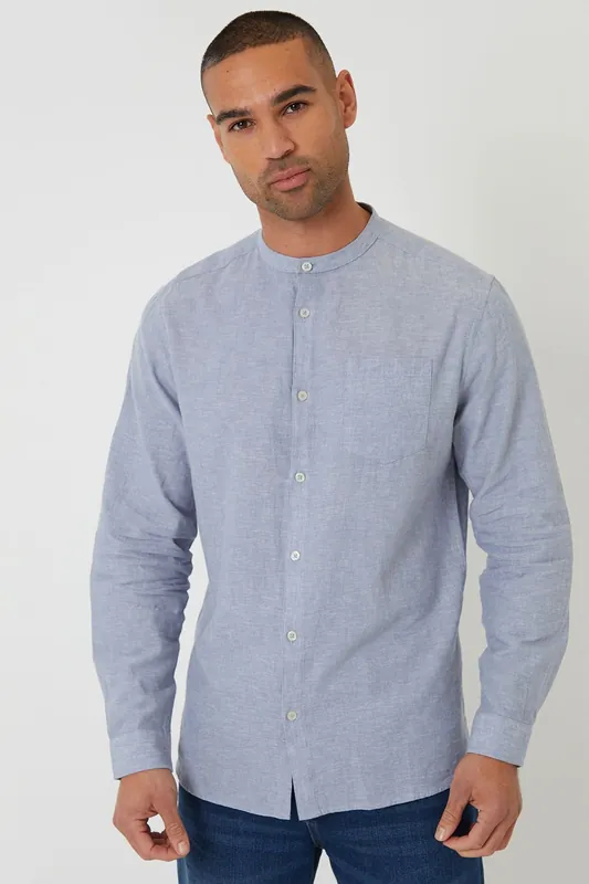 Linen Blend Long Sleeve Grandad Collar Shirt - Threadbare