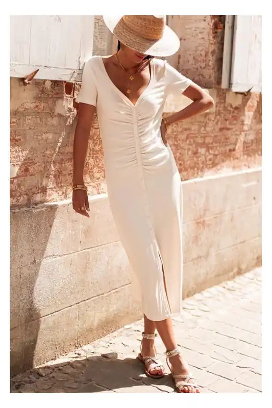 Beige V Neck Ruched Button Front French T-shirt Dress