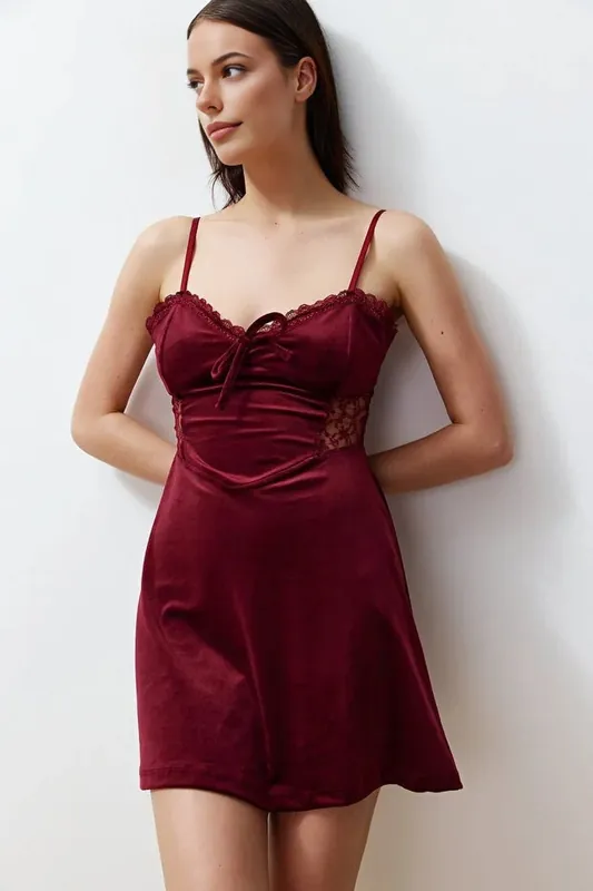 Lace Trim Tie Front Velvet Strappy Mini Nightdress - WOVCOR
