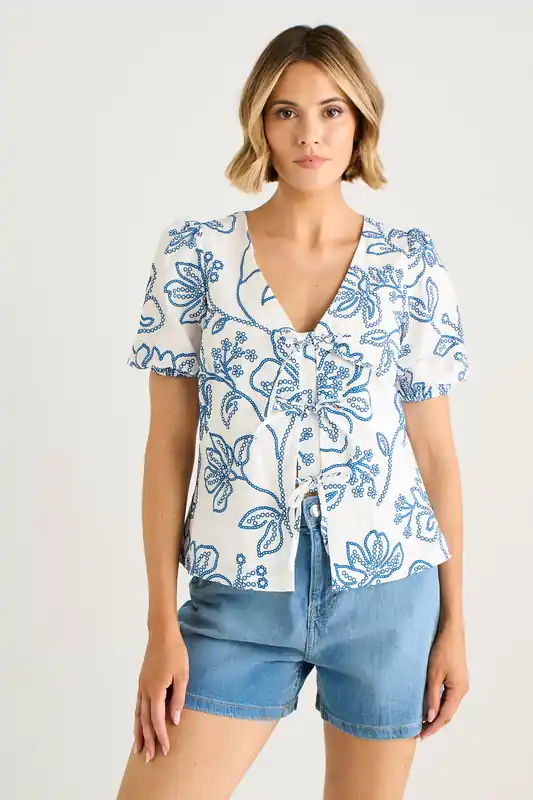 White Textured Floral Print Tie front Top - Gini London