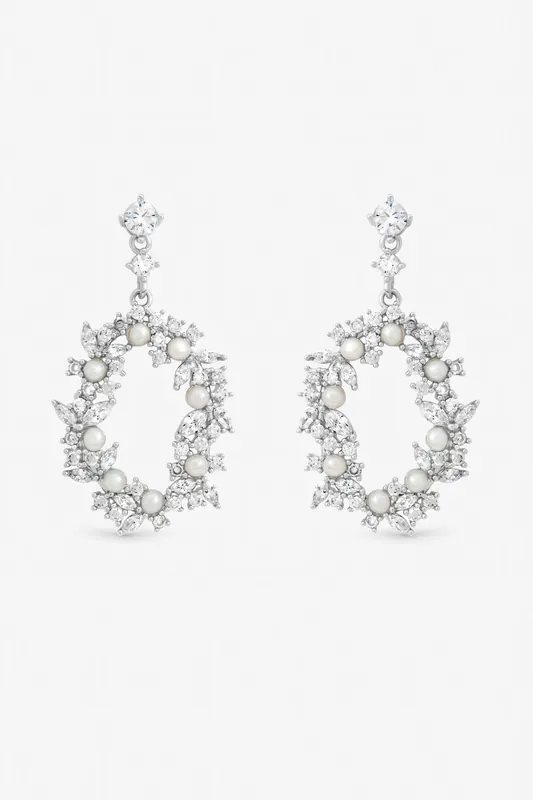 Rhodium Plated Crystal and Freshweater Pearl Open Earrings - Jon Richard