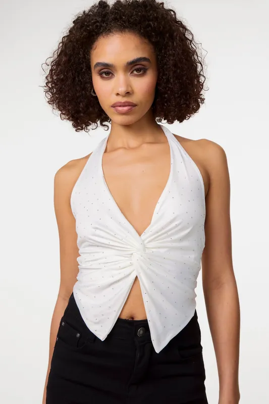 Ivory Diamante Slinky Halter Top - Pink Vanilla