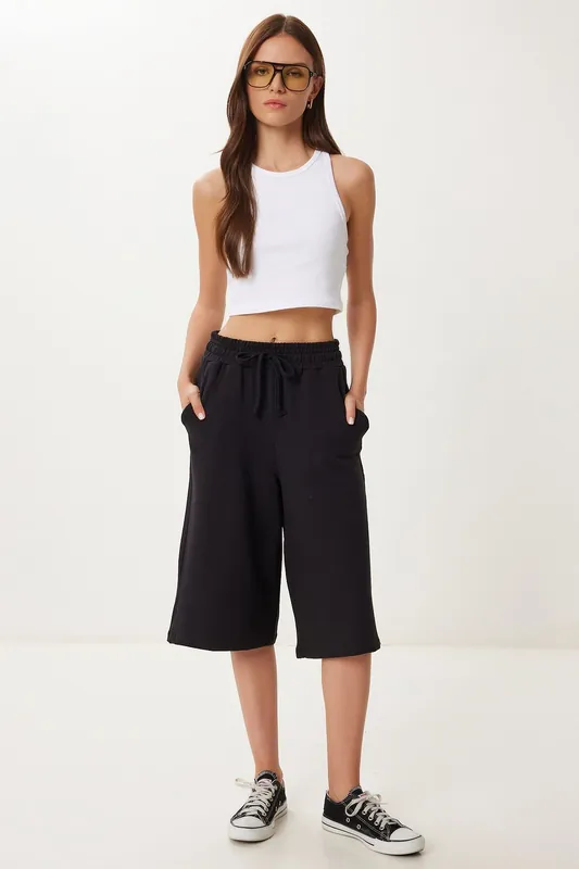 Mid Waist Wide Leg Capri Shorts with Drawstring Waist - Happiness Istanbul