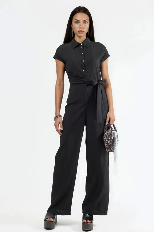 Wide Leg Buttoned Shirt Collar Jumpsuit - Busem