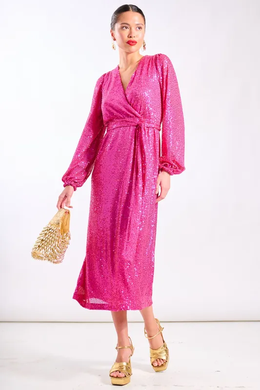 Pink Sequin Wrap Midi Dress - Needs No Label