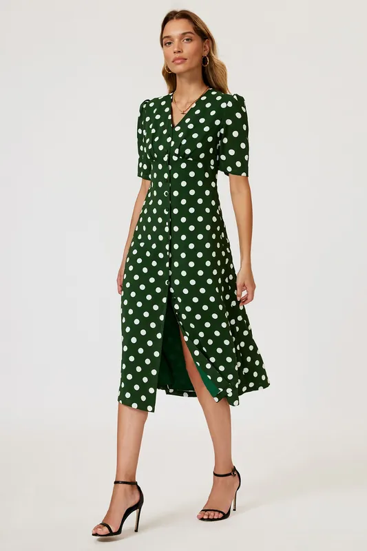 Polka Dot Print Button Front Midi Dress In Green - FS Collection