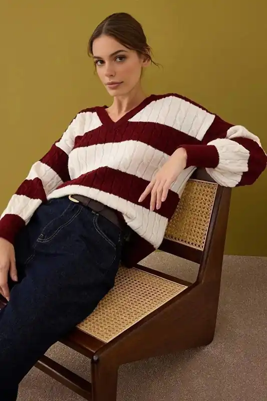 Textured Stripe Knit V-Neck Jumper