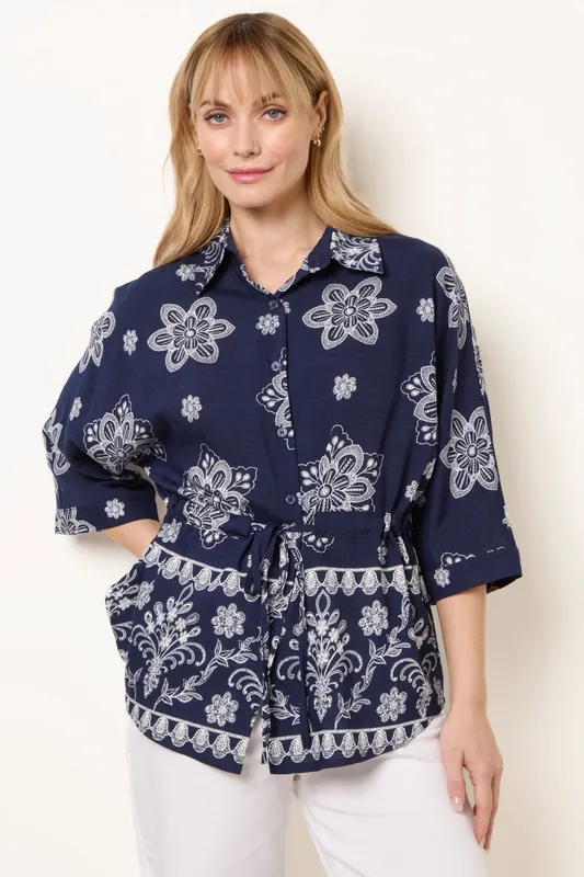 Navy Floral 3/4 Sleeve Tie Waist Shirt - Blue Vanilla