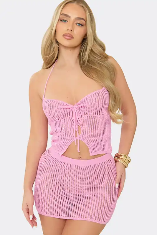 Strappy Tie Halter Neck Crochet Top - EGO