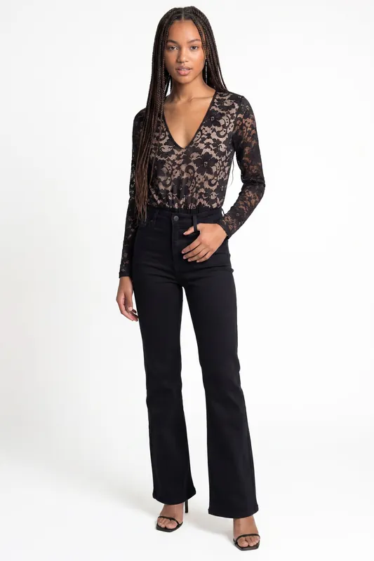 Black Long Sleeved Lace Mesh Bodysuit - Pink Vanilla