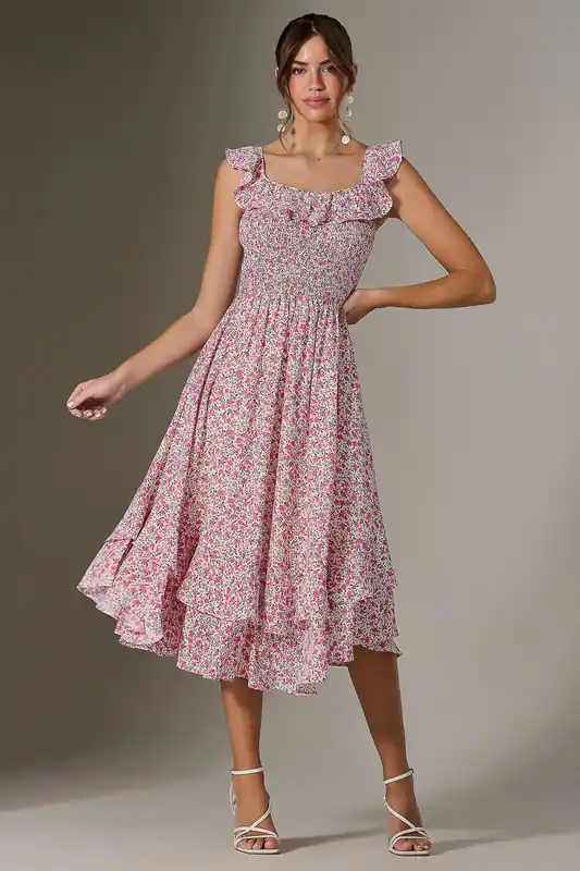 Ruffle Shirred Woven Midi Dress - Jolie Moi
