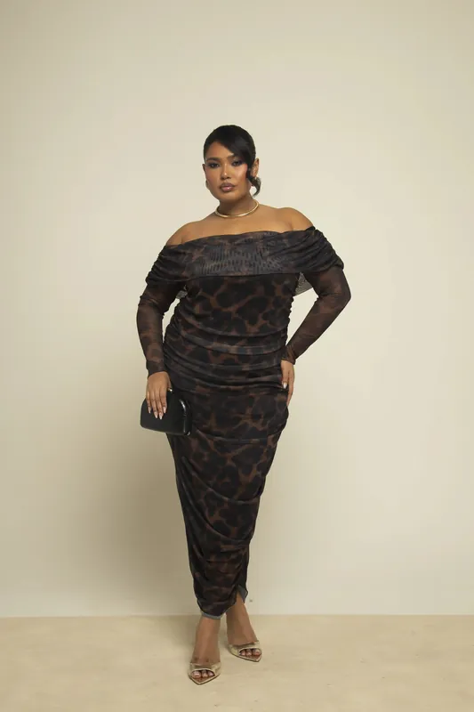 Curve Bardot Leopard Print Ruched Midaxi Dress - FASHION-SZN