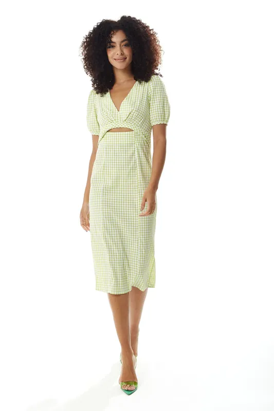 Gingham Cut out front Midi Dress in Green and White - Liquorish