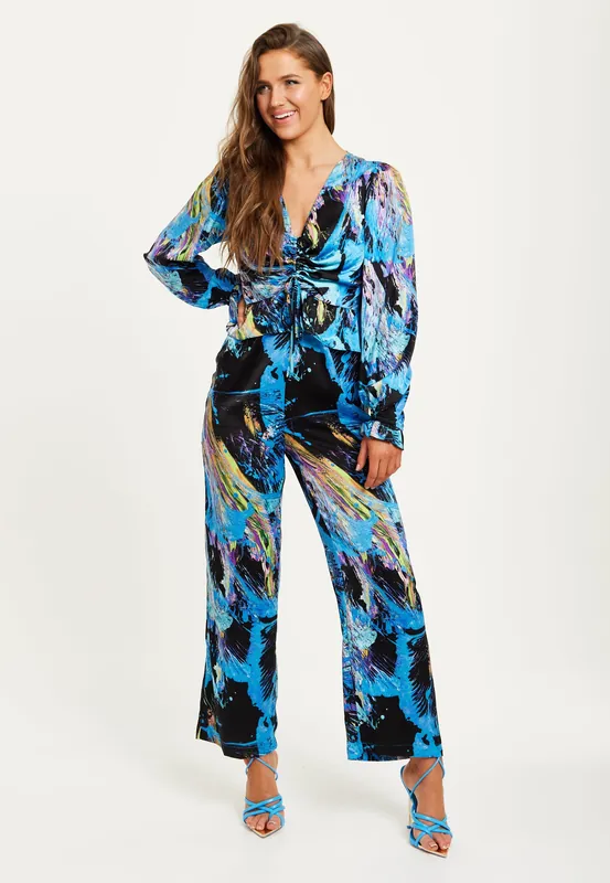 Multicolour Abstract Print Jumpsuit With Ruched Front And Long Sleeves - Liquorish
