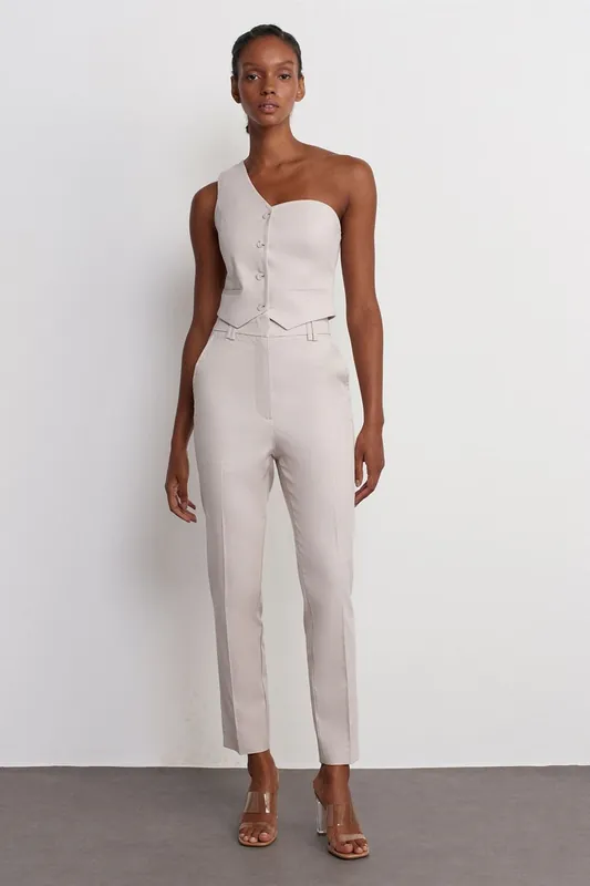 High-Waist Slim Fit Crepe Trousers