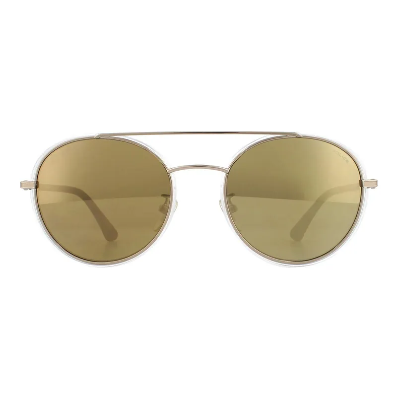 Round Light Gold Crystal Grey Brown Gold Mirror Sunglasses - Police