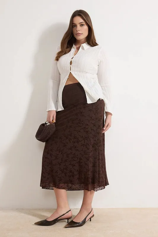Printed Mesh Midi Skirt with Flared Hem Detail - WOVCOR