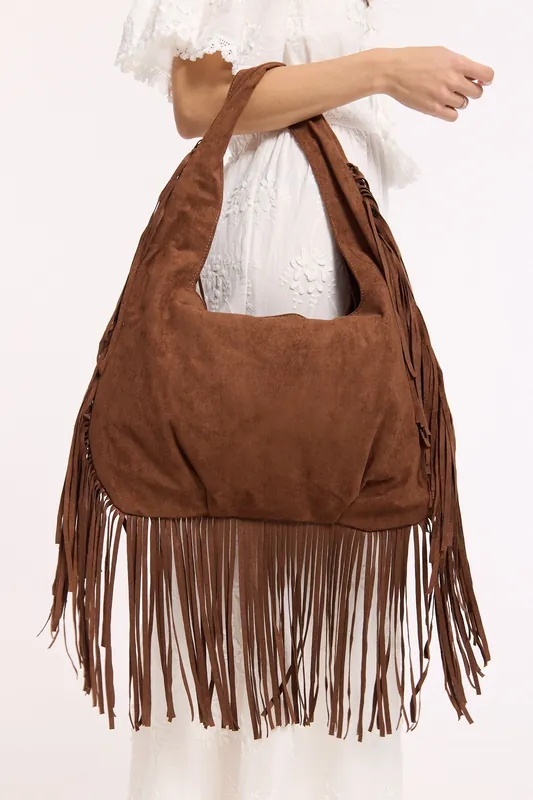 Brown Fringe Faux Suede Shoulder Bag - Liquorish