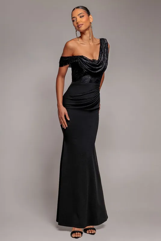 Lace Cowl One Shoulder Scuba Crepe Maxi Dress - Goddiva
