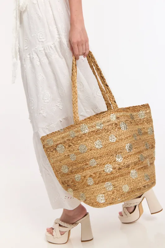 Gold Polka Dot Jute Tote Bag - Liquorish