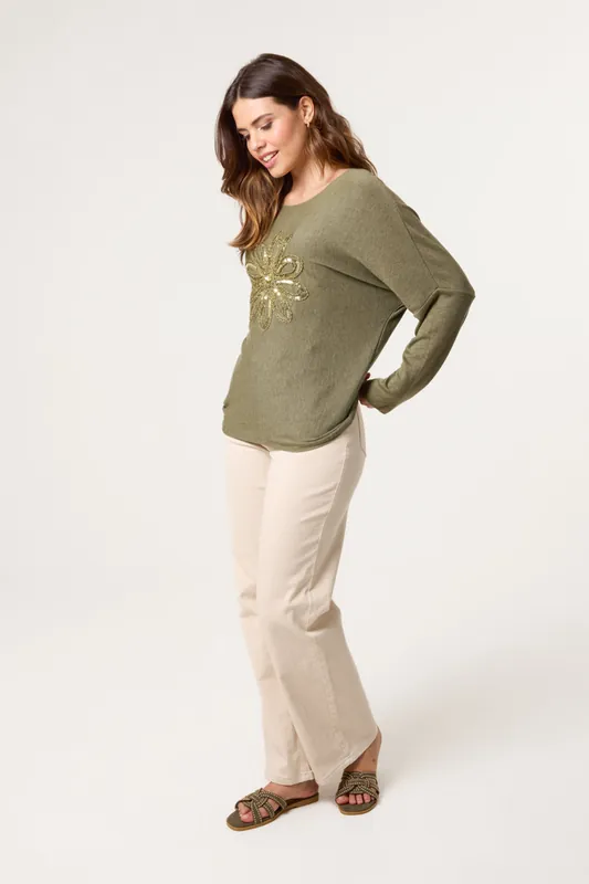 Khaki Embroidered Sequin Flower Top - Blue Vanilla