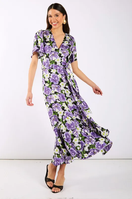 Purple Floral Wrap Midi Dress - Needs No Label