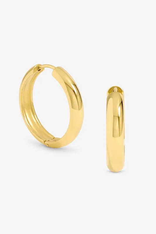 Waterproof Gold Plated Medium Flat Surface Hoop Earrings - Jon Richard