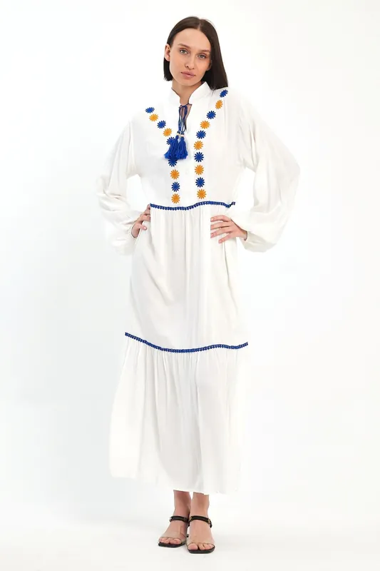 Embroidered Maxi Dress with Tassel Tie in White - Belissh