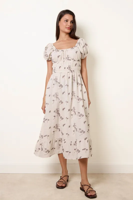 Stone Embroidery Milkmaid Midi Dress - Blue Vanilla