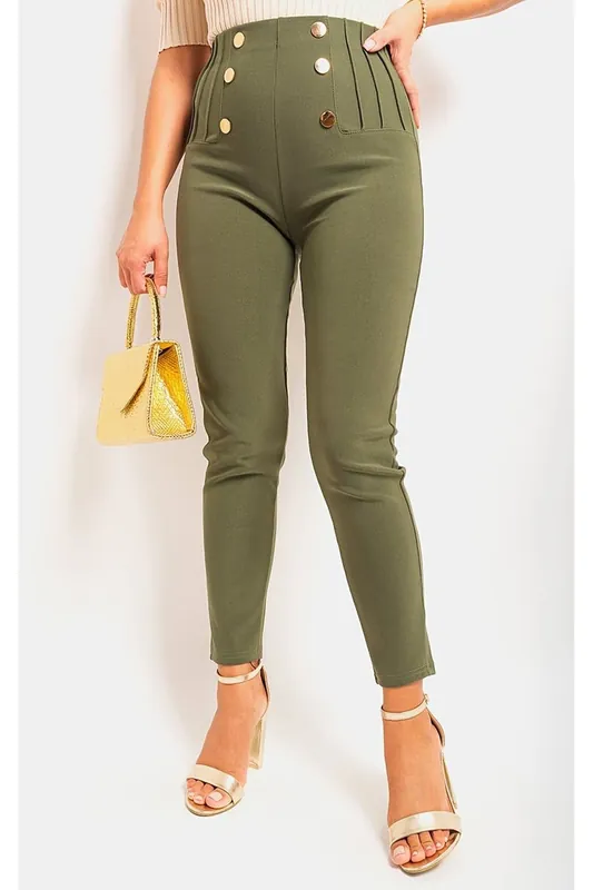 Jemma High Waisted Button Front Detail Trouser - IKRUSH