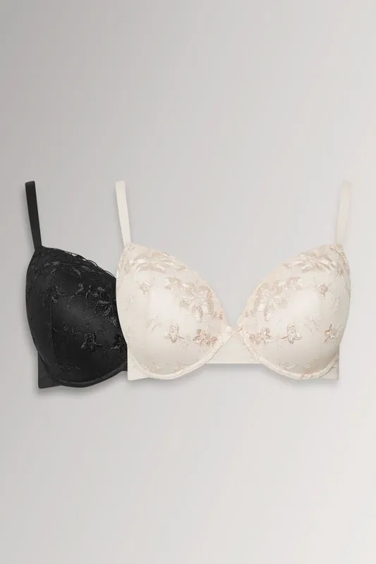 2 Pack Floral Lace Embroidered Padded Bras - Yours