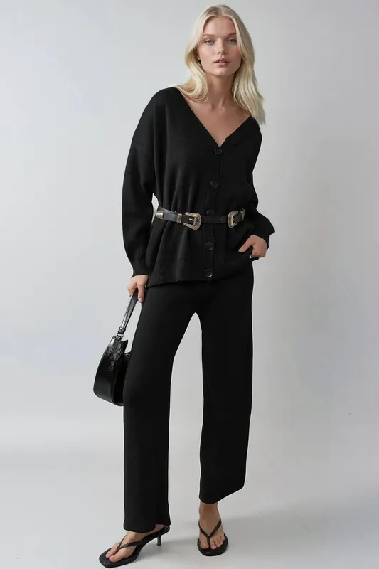 V-Neck Cardigan and Wide Leg Pants Knitwear Set